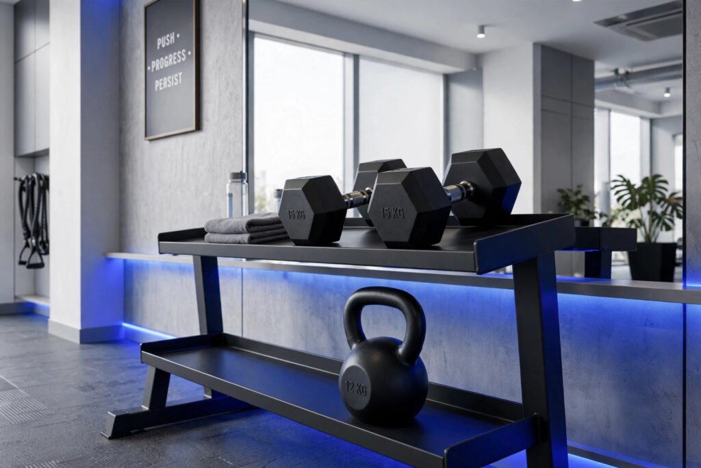 Dumbbells and a kettlebell on a rack in a modern gym