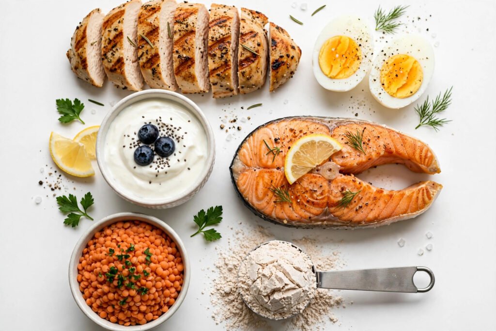 High-protein foods including chicken breast, eggs, Greek yogurt, salmon and lentils arranged on a white background
