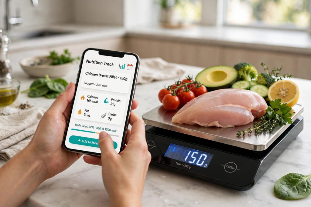 Hands logging food in a nutrition app next to a kitchen scale weighing a chicken breast